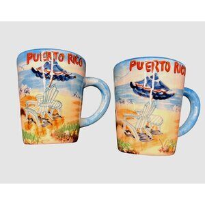 Puerto Rico Ceramic Cup Salt & Pepper Shaker Set Tropical Beach Scene Design